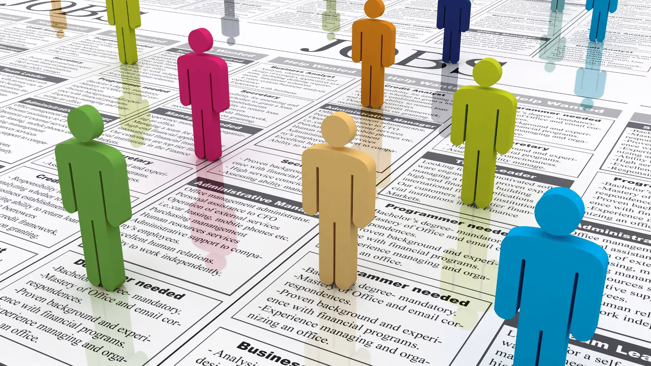 different colored figures of people looking at job ads 