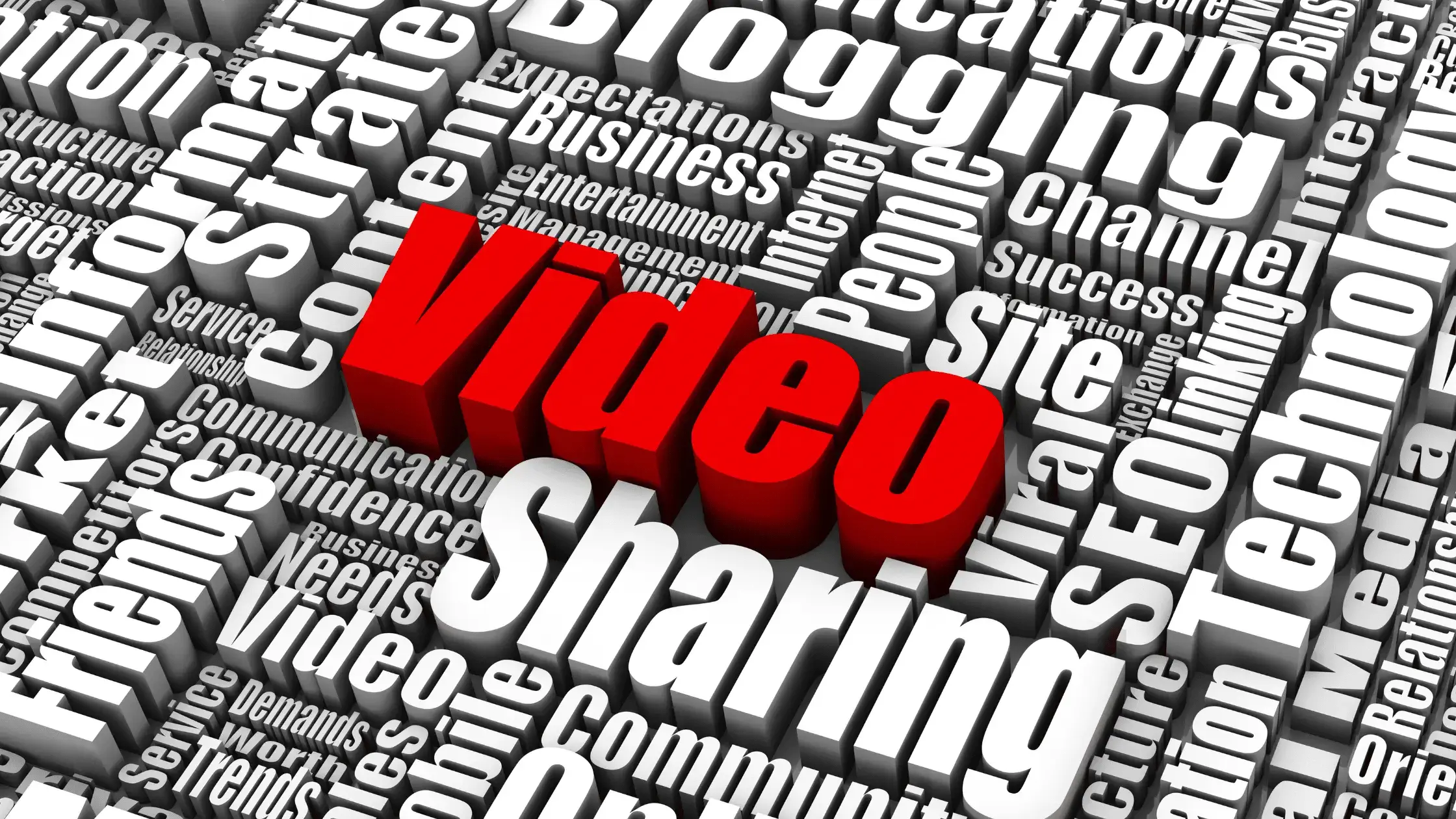 The word "Video" in red and in a 3d word collage & the word Sharing in white underneath  