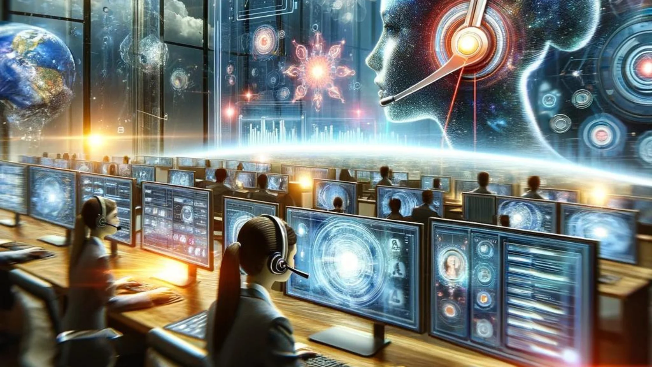 Image of the future of IVR and AI ChatGPT Bots running a business with people watching over the system