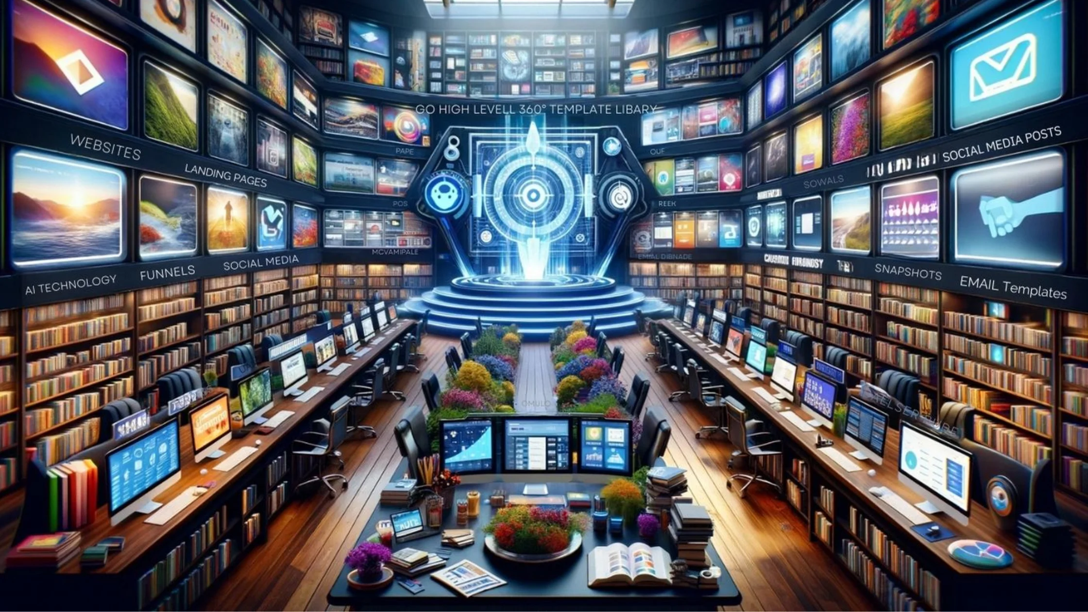 AI IMAGE THAT ILLISTARTES THE GOHIGHLEVEL360 TEMPLATE LIBRARY - A HUGE LIBRARY WITH A HUGE STUDY ROOM AND MASSIVE AMOUNTS OF BOOK AND COMPUTERS 
