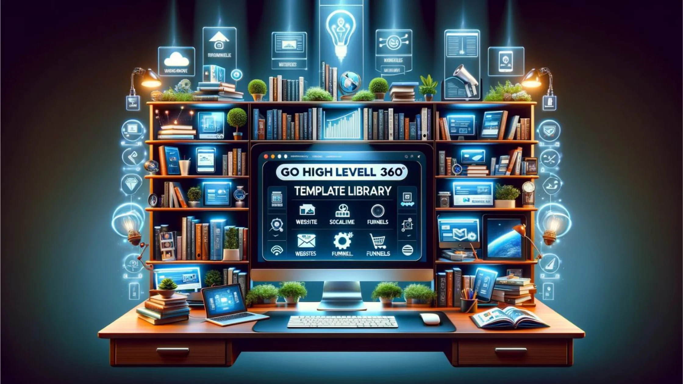 AI IMAGE OF A COMPUTER DESK WITH UNLIMITED ACCESS TO A MASSIVE DIGITAL ASSET TEMPLATE LIBRARY