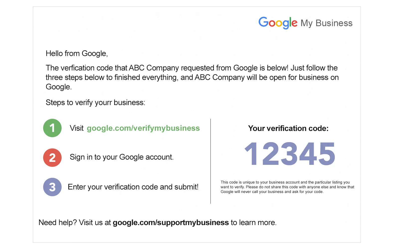 Image of a Google post card with the verification code on it.