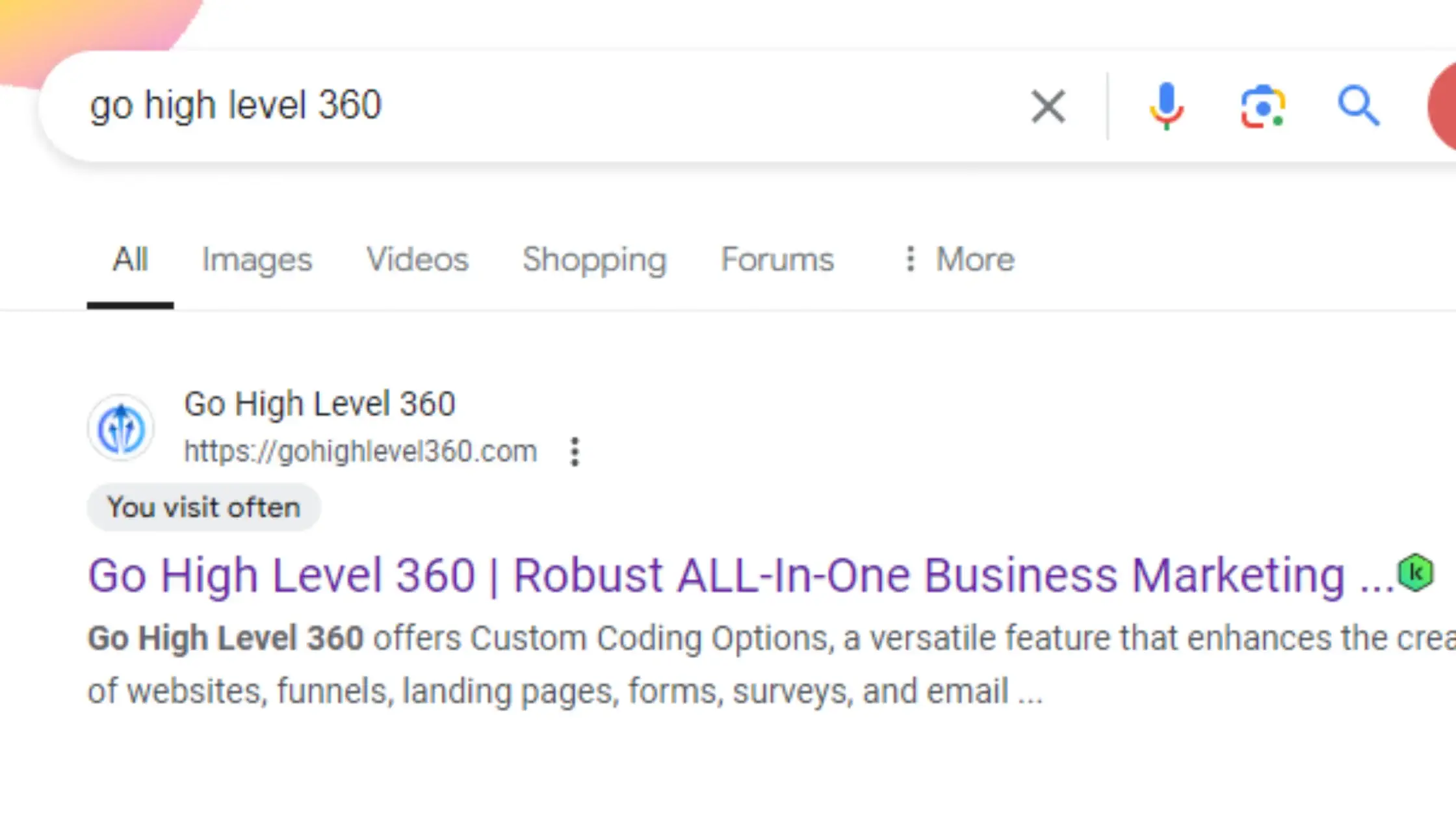 Google search "Go High Level 360" screen shot image