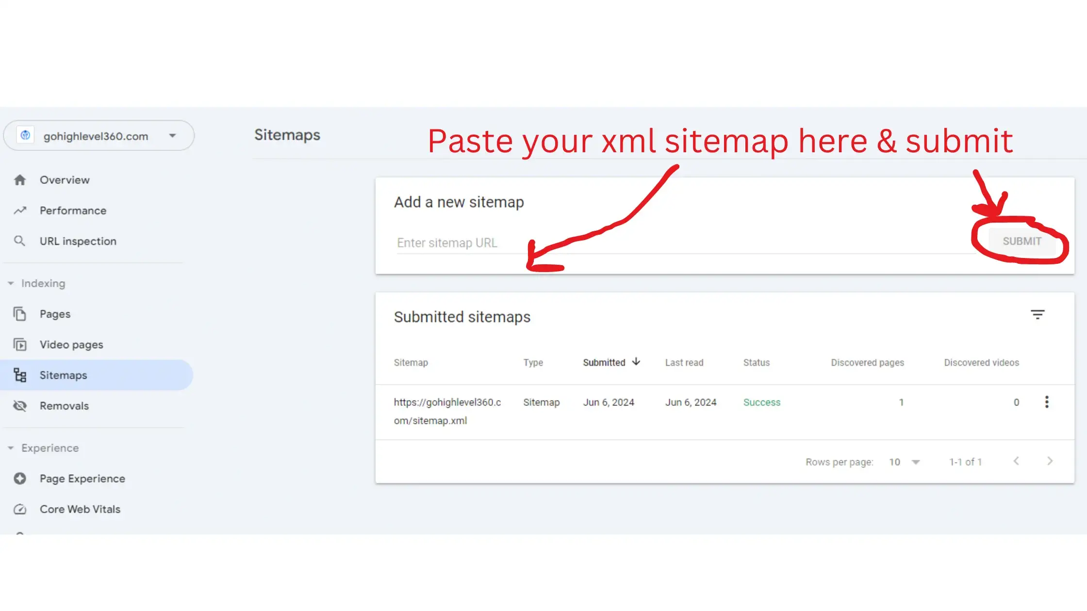 Screenshot image of where to past your xml sitemap in Google Search Console