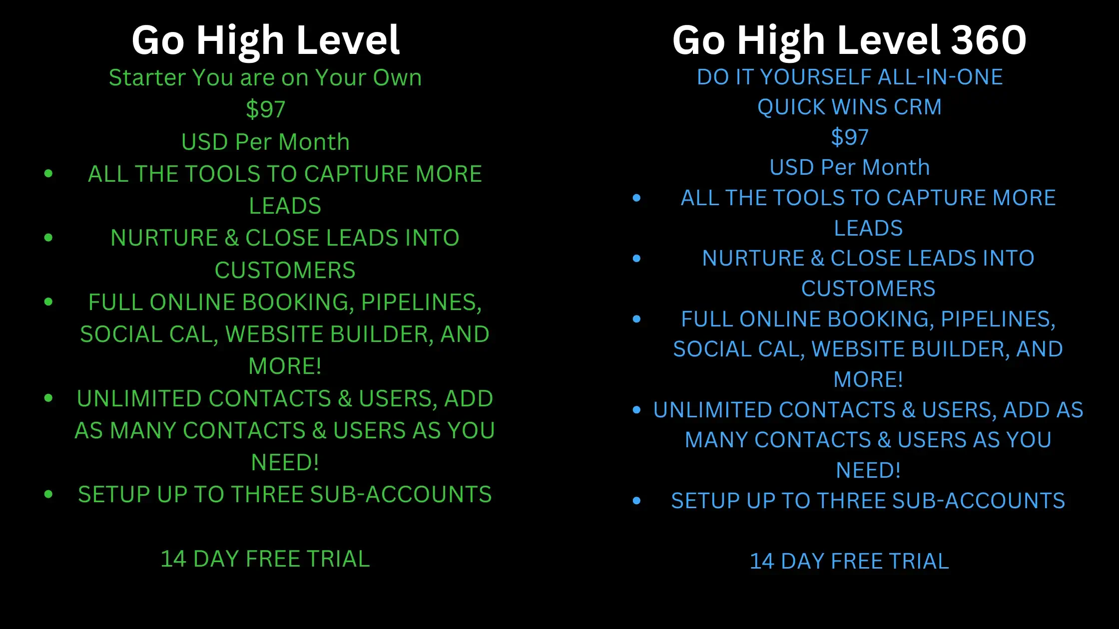 This is a prices and description list with one side show what Go High Level Offers and on the other side showing that Go High Level 360 offer the same and much more for the same price