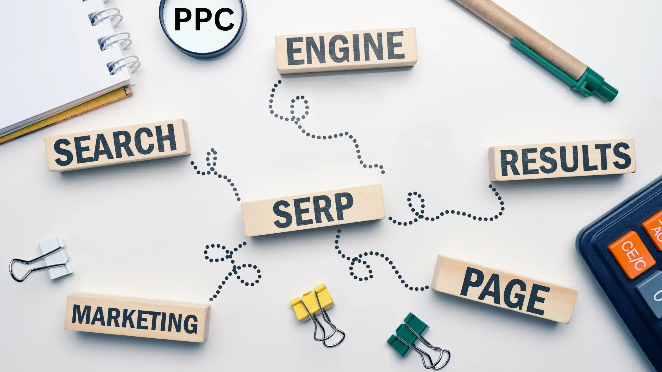 Image with office suplies and text that says PPC, Search, Engine, SERP, Results, Page, Marketing