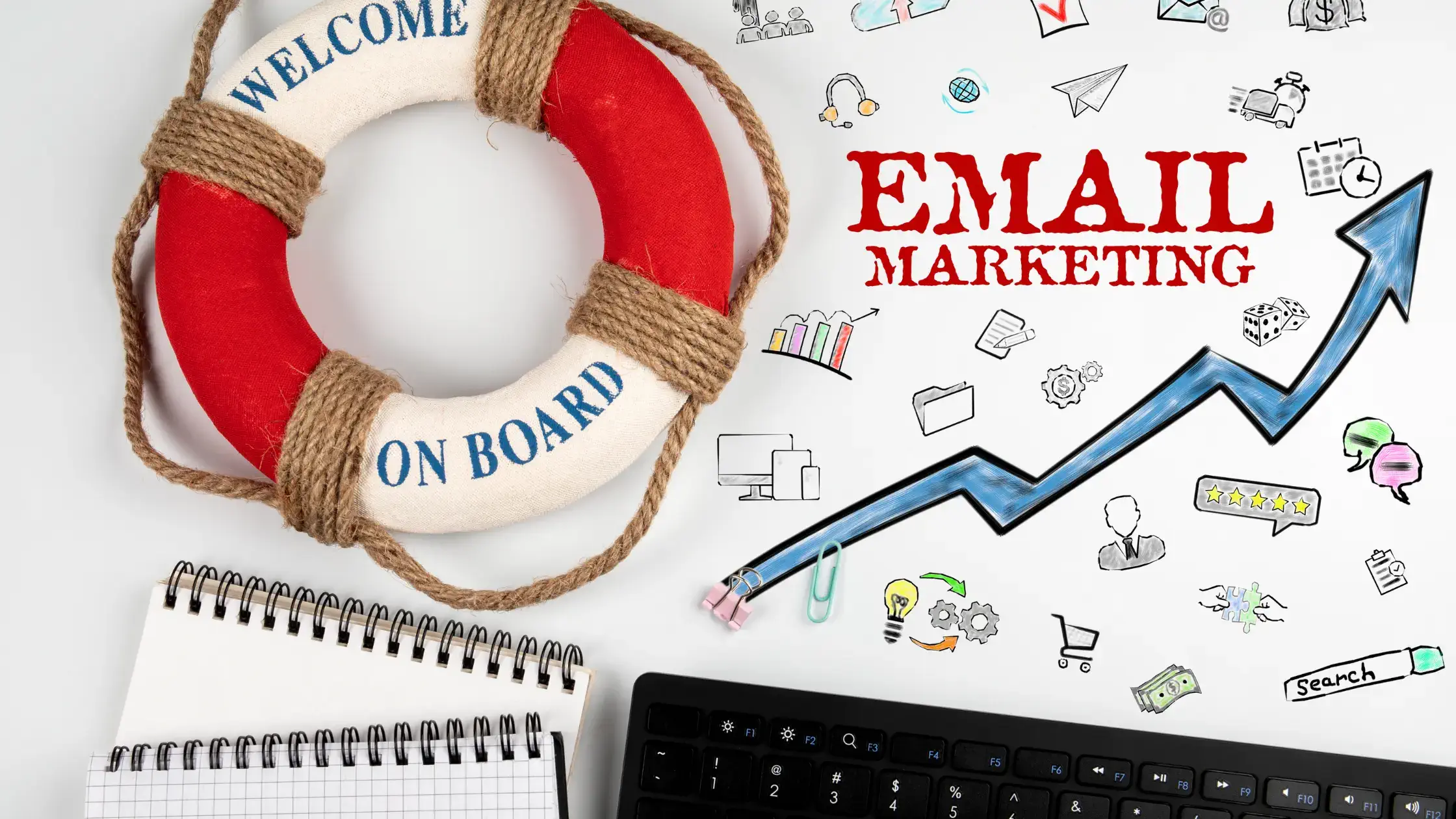 Image that says email marketing with an srrow showing up to the right on a desk with keyboard and a list ring that says welcome on board