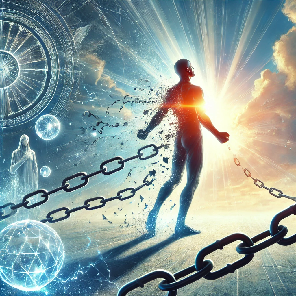 A person breaking free from dark chains in a bright, natural setting, symbolizing freedom and peace. The individual appears relieved and liberated, with subtle elements representing spiritual warfare, such as a broken chain and a protective aura around them.