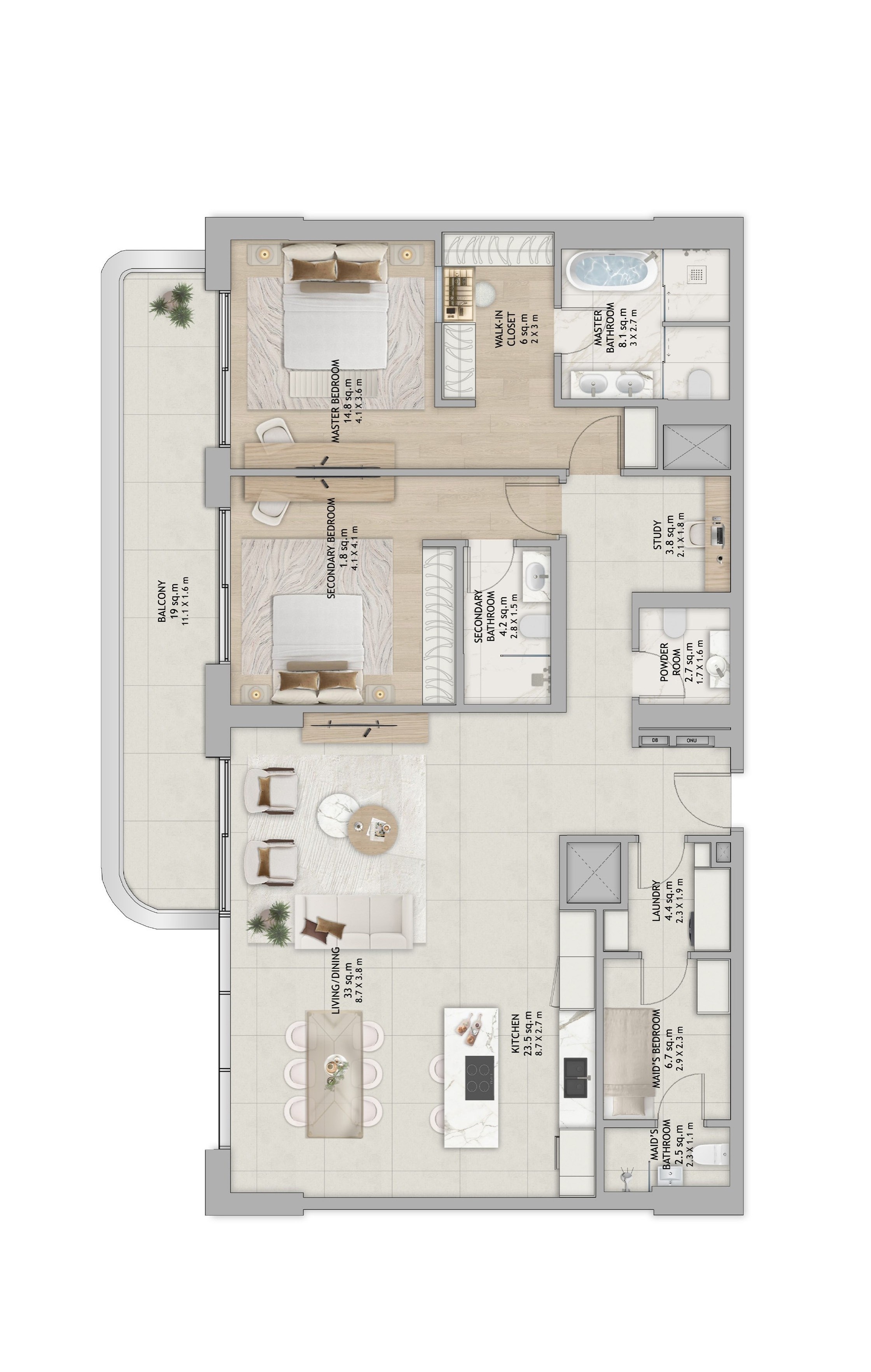 2-Bedrooms + Maid