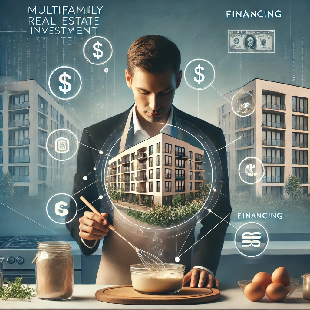 Chef selecting ingredients in a kitchen with modern apartment building in the background, symbolizing careful choice of financing options in multifamily real estate investment