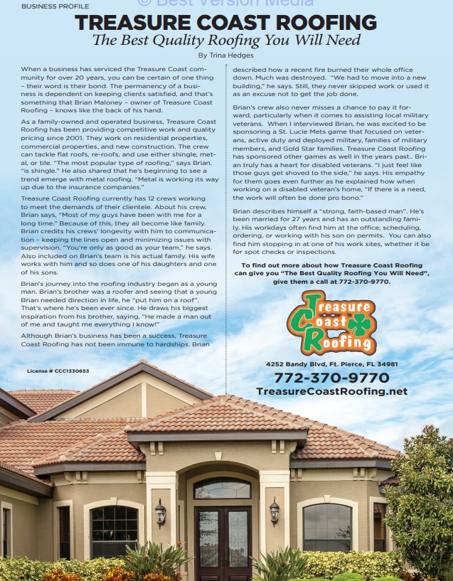 Treasure Coast Roofing Article in August 2023 PGA Village Living