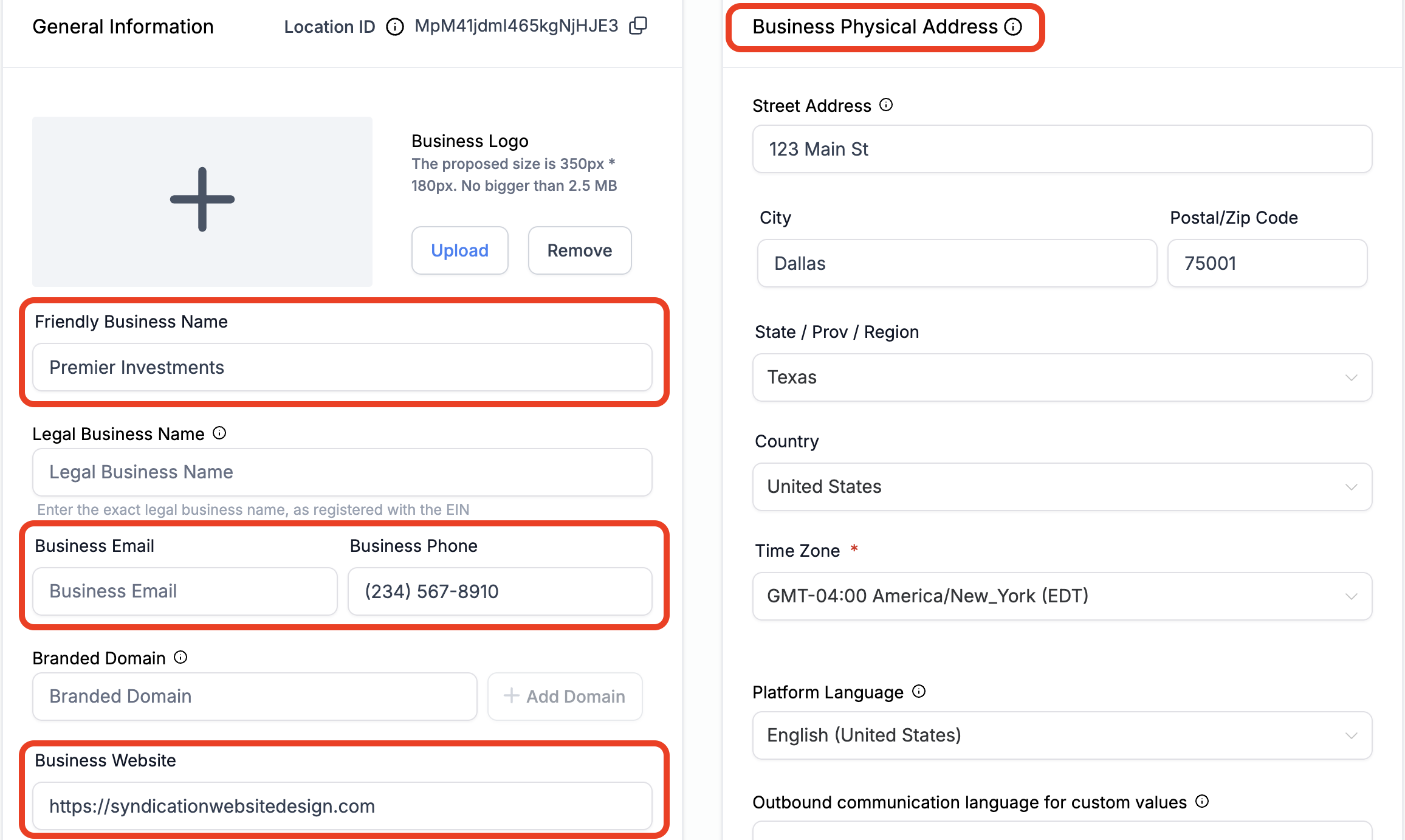 business profile settings