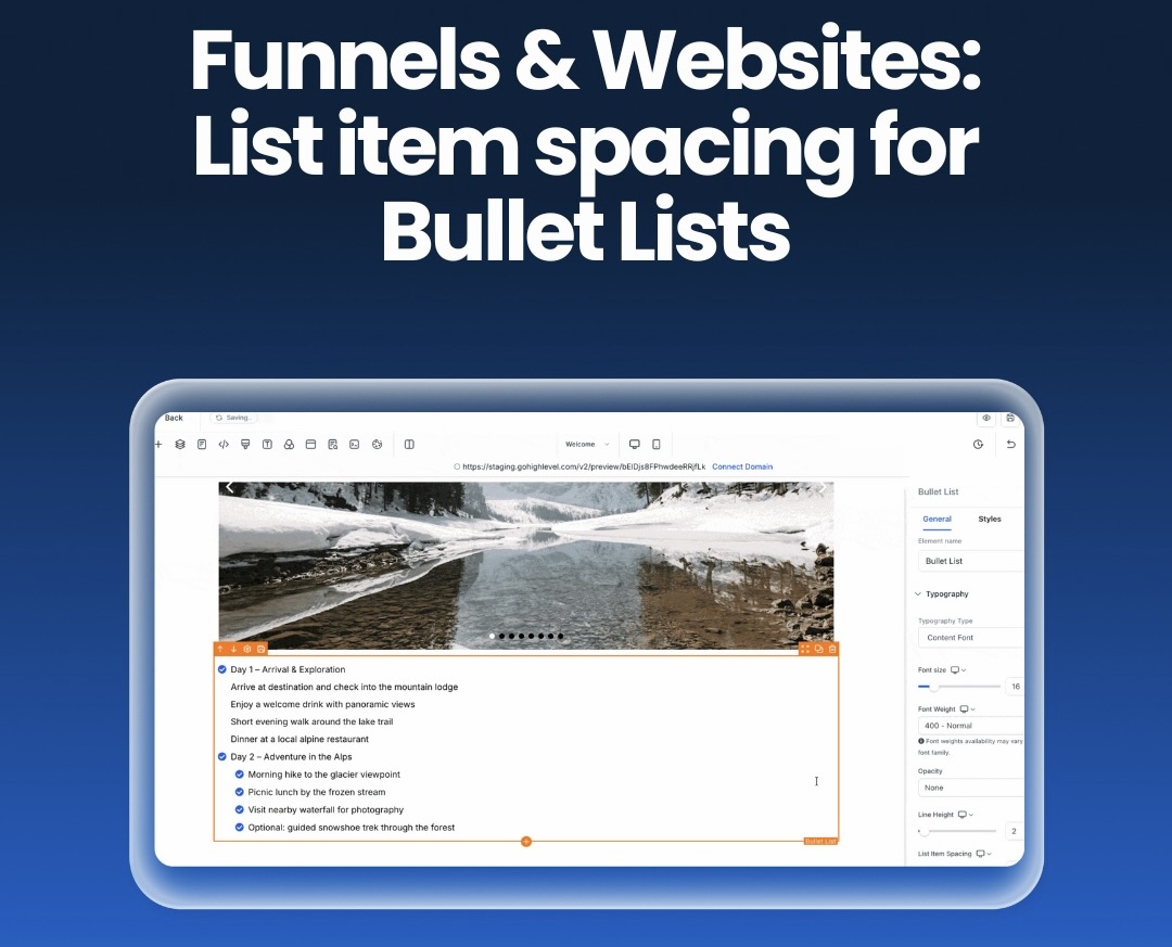 Funnels & Websites: List Item Spacing for Bullet Lists