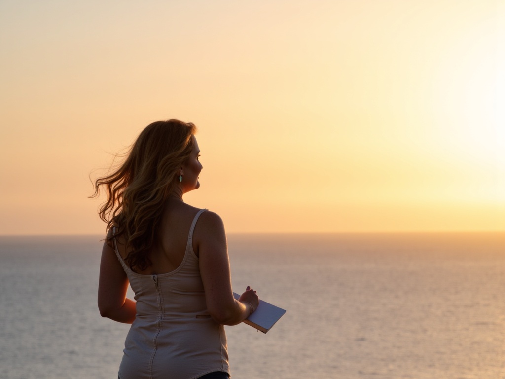 A confident woman standing by the ocean at sunrise, peaceful and clear, representing divine clarity and the revelation of alignment in faith-driven leadership.
