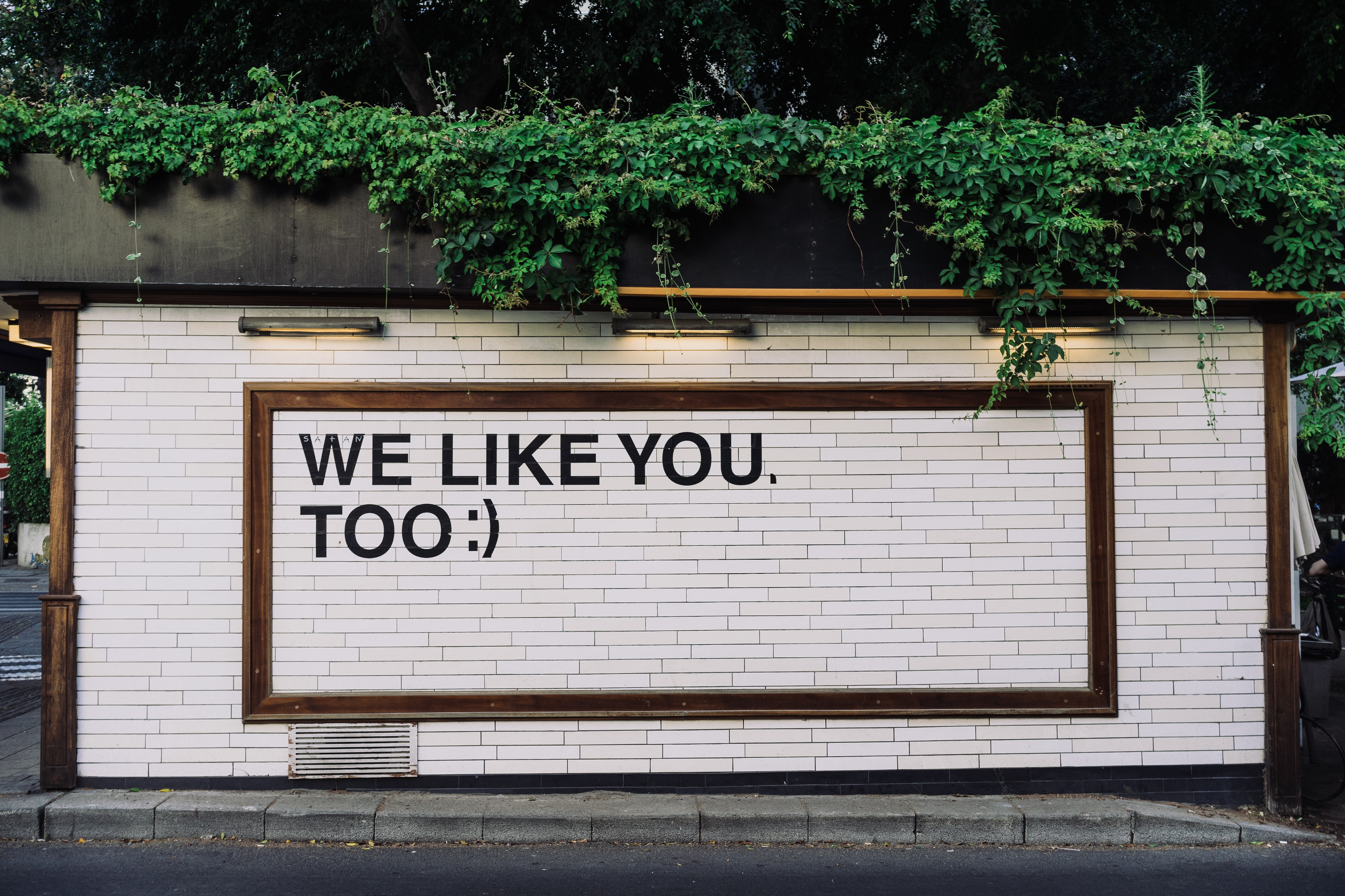 A white brick wall features a large framed section with black text that reads, "WE LIKE YOU. TOO :)" in bold, uppercase letters. The wall is topped with lush green vines, and two small lights illuminate the message. The setting appears to be an urban street with a sidewalk and curb in the foreground. A white brick wall features a large framed section with black text that reads, "WE LIKE YOU. TOO :)" in bold, uppercase letters. The wall is topped with lush green vines, and two small lights illuminate the message. The setting appears to be an urban street with a sidewalk and curb in the foreground.