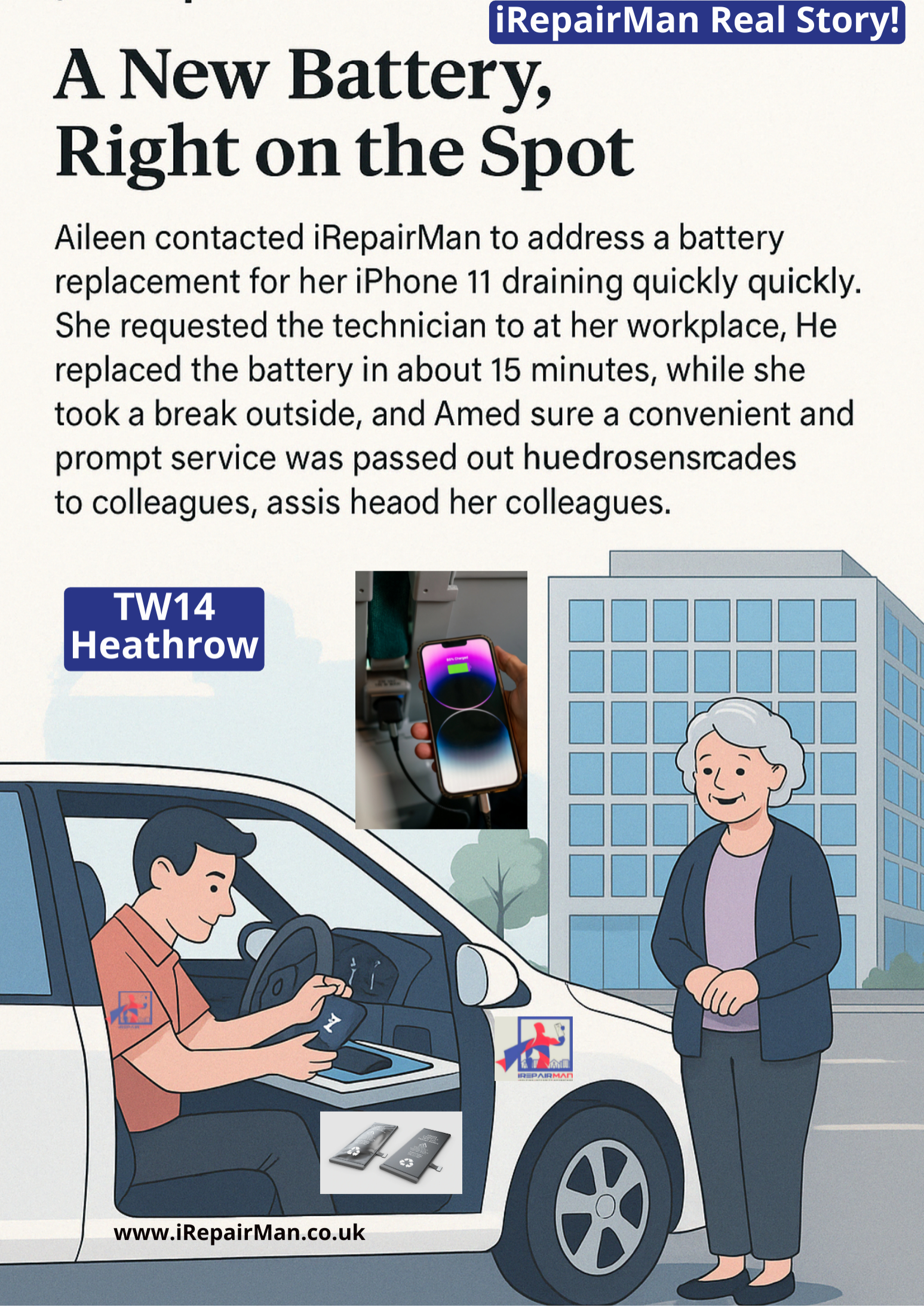 Mobile technician replaces iPhone 11 battery for a working grandmother near Heathrow, fast same-day service at workplace by iRepairMan. Mobile technician replaces iPhone 11 battery for a working grandmother near Heathrow, fast same-day service at workplace by iRepairMan.