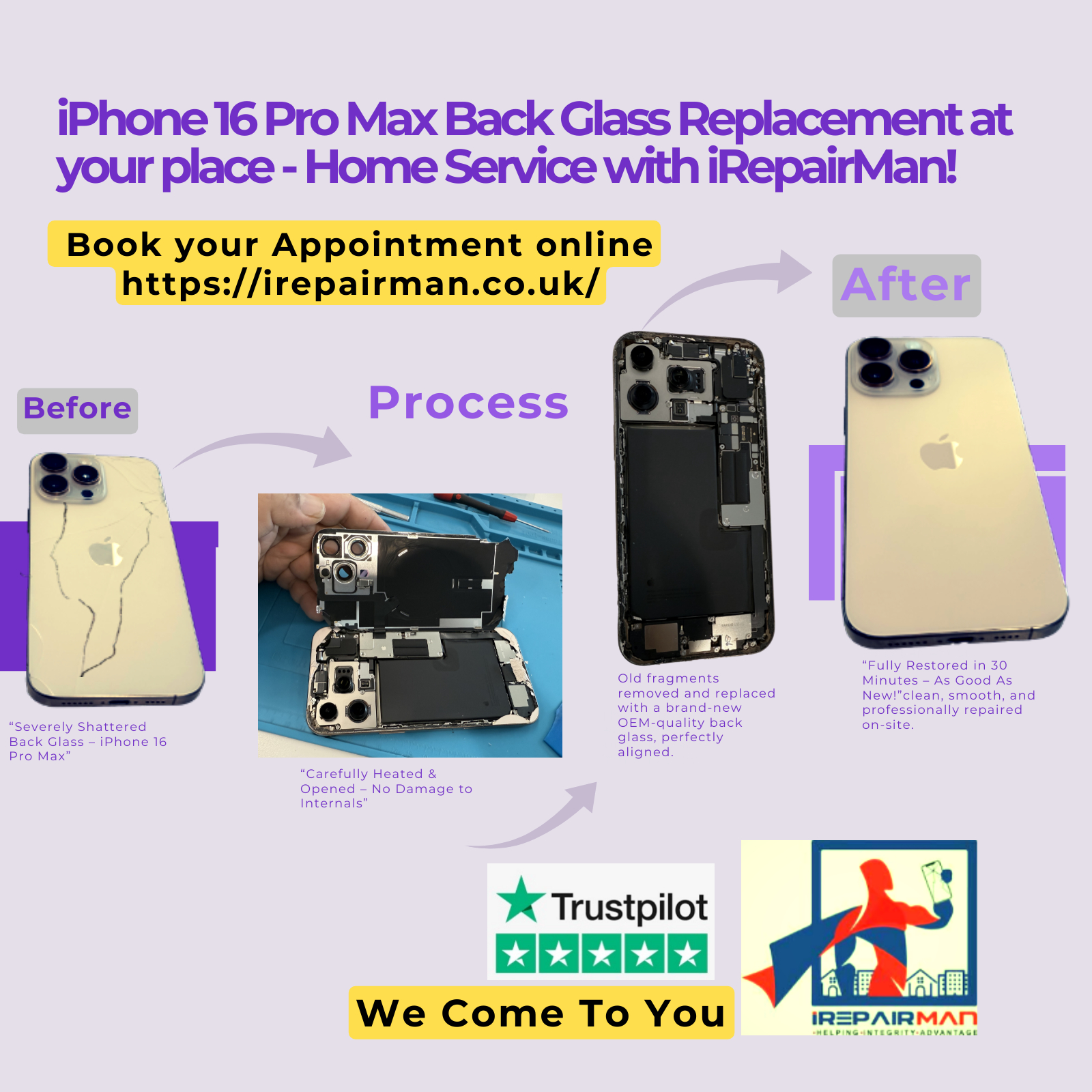 iPhone 16 Pro Max back glass repair at Oracle London – fast same-day on-site service by iRepairMan iPhone 16 Pro Max back glass repair at Oracle London – fast same-day on-site service by iRepairMan