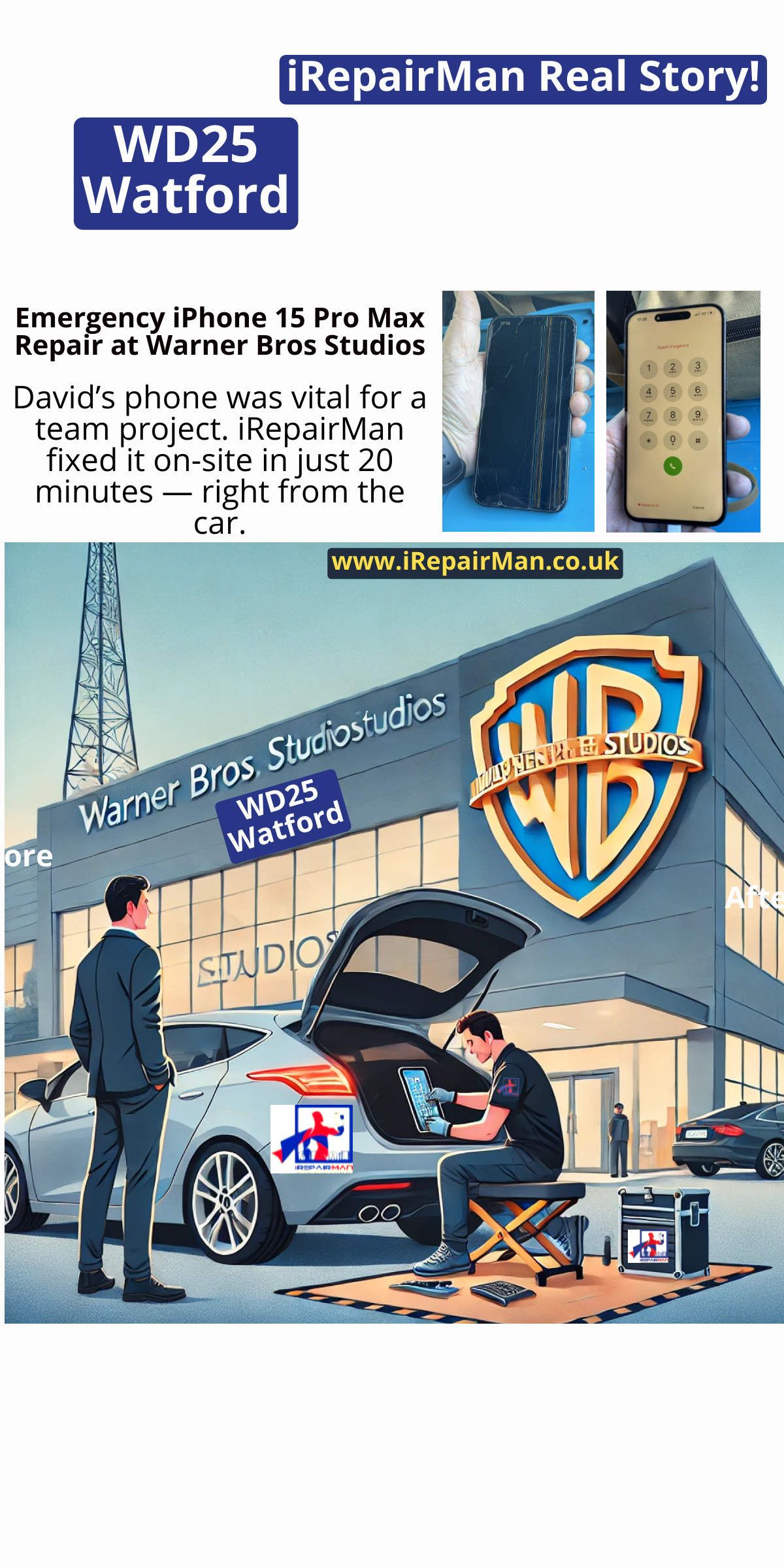 Technician repairing iPhone 15 Pro Max inside car while customer waits outside Warner Bros Studios in Watford. Technician repairing iPhone 15 Pro Max inside car while customer waits outside Warner Bros Studios in Watford.