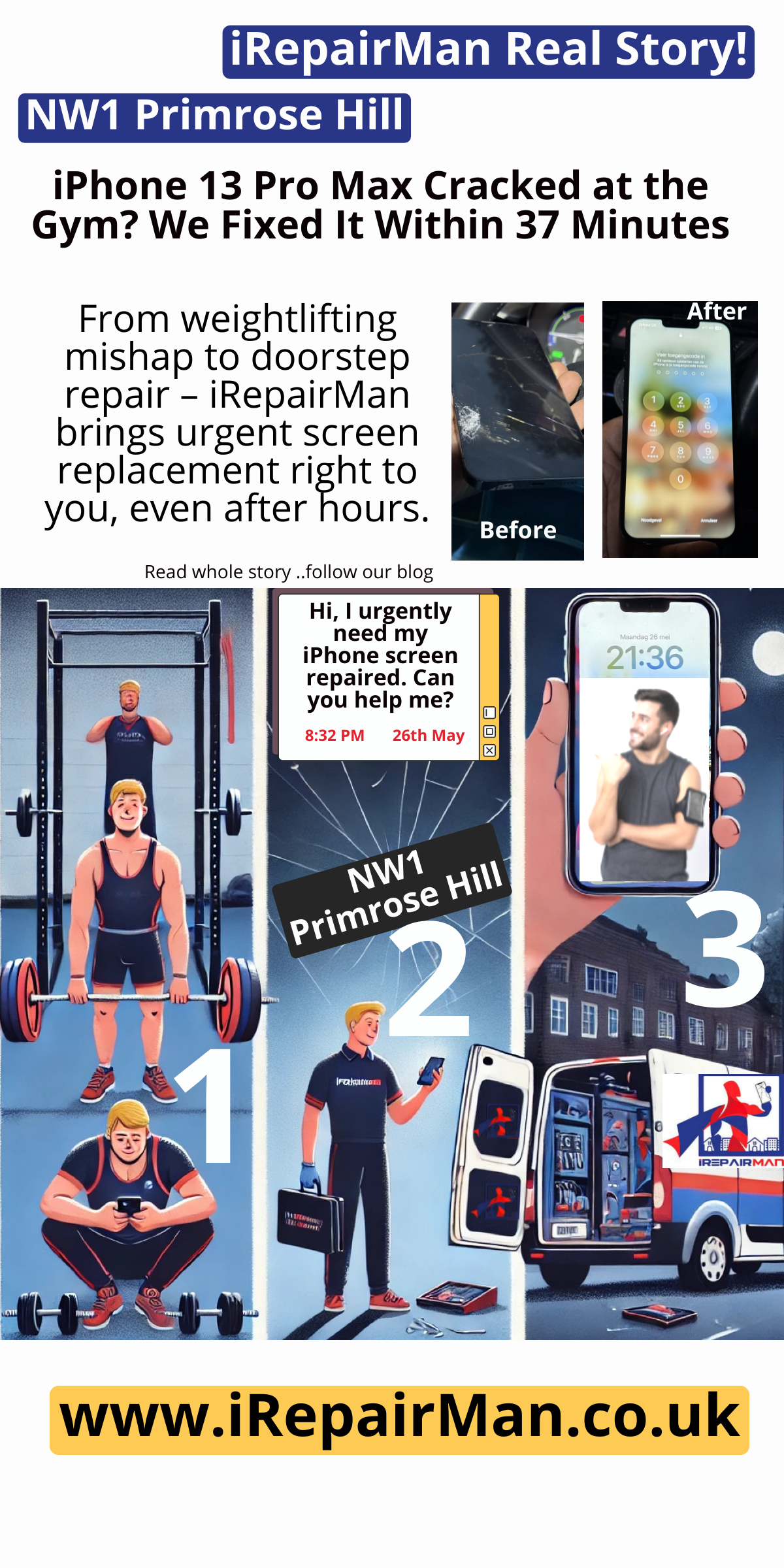 Emergency iPhone 13 Pro Max Screen Replacement for Gym User in Primrose Hill – Fixed at His Doorstep in 37 Minutes Emergency iPhone 13 Pro Max Screen Replacement for Gym User in Primrose Hill – Fixed at His Doorstep in 37 Minutes