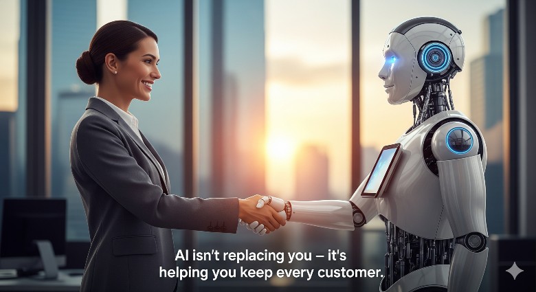 Human business owner shaking hands with friendly robot symbolizing AI partnership – AI helping keep every customer Human business owner shaking hands with friendly robot symbolizing AI partnership – AI helping keep every customer