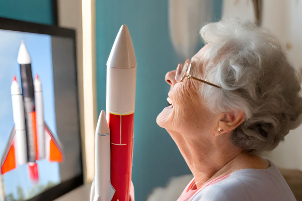 An enthusiastic elderly woman, embodying the spirit of readiness and adventure, is joyfully riding a rocket. This image metaphorically represents the importance of setting up a power of attorney, symbolizing proactive planning and empowerment for the future, even in later stages of life.