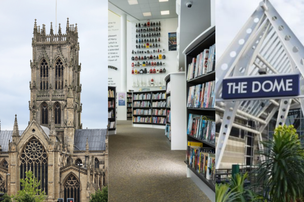 Panoramic view of Doncaster landmarks featuring the majestic Doncaster Minster, the historic Danum Library, and the vibrant Dome, symbolizing the city's rich heritage and cultural diversity.