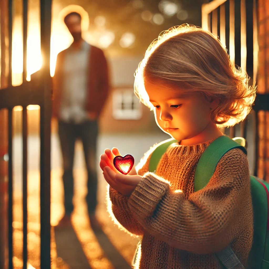 Young child holding a glowing heart-shaped anxiety bead at a school gate, symbolizing emotional connection and comfort during separation from a parent in a warm, golden morning light.