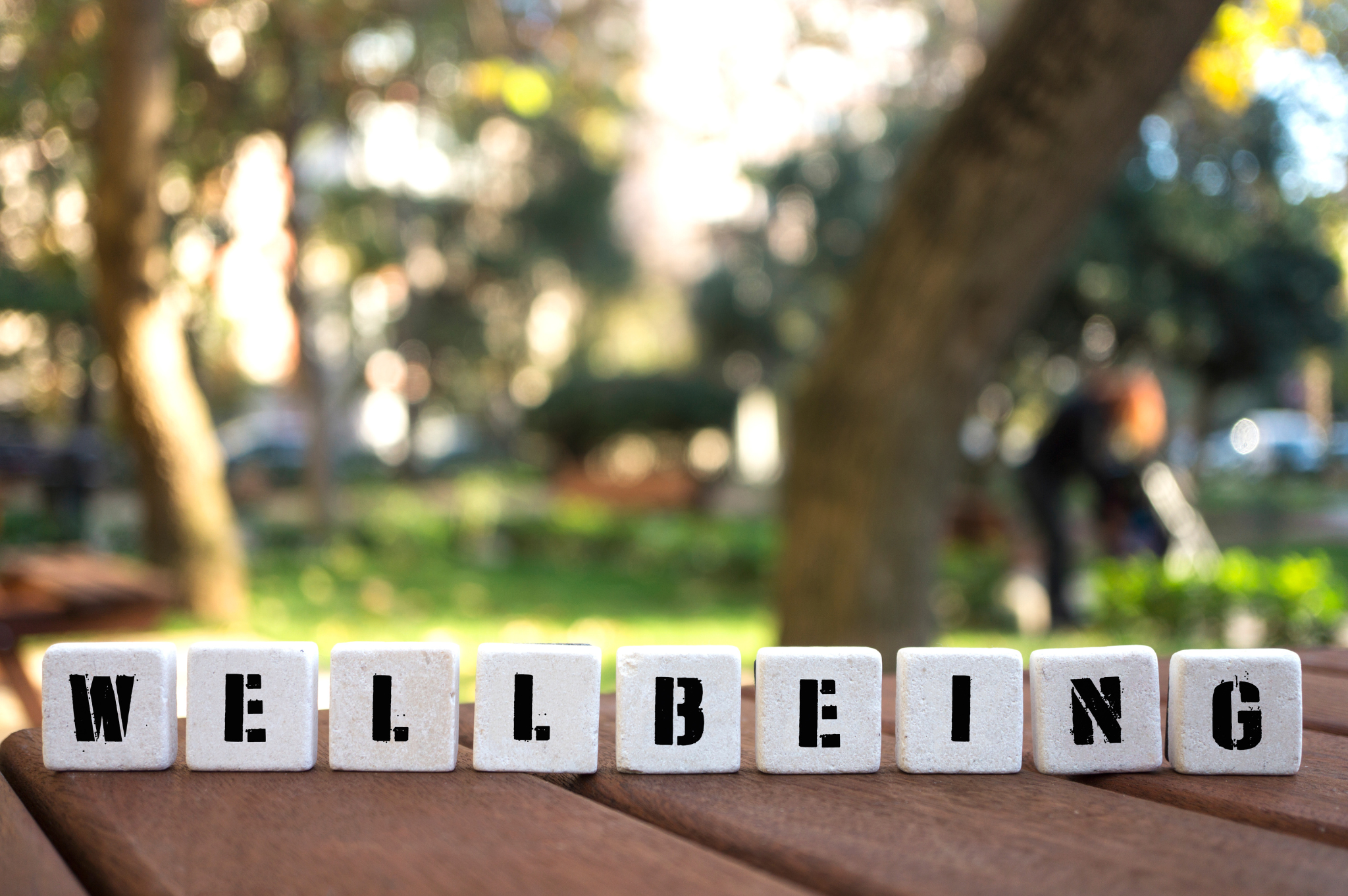 word wellbeing spelt out in blocks sitting on a wooden table with a green folaige background word wellbeing spelt out in blocks sitting on a wooden table with a green folaige background