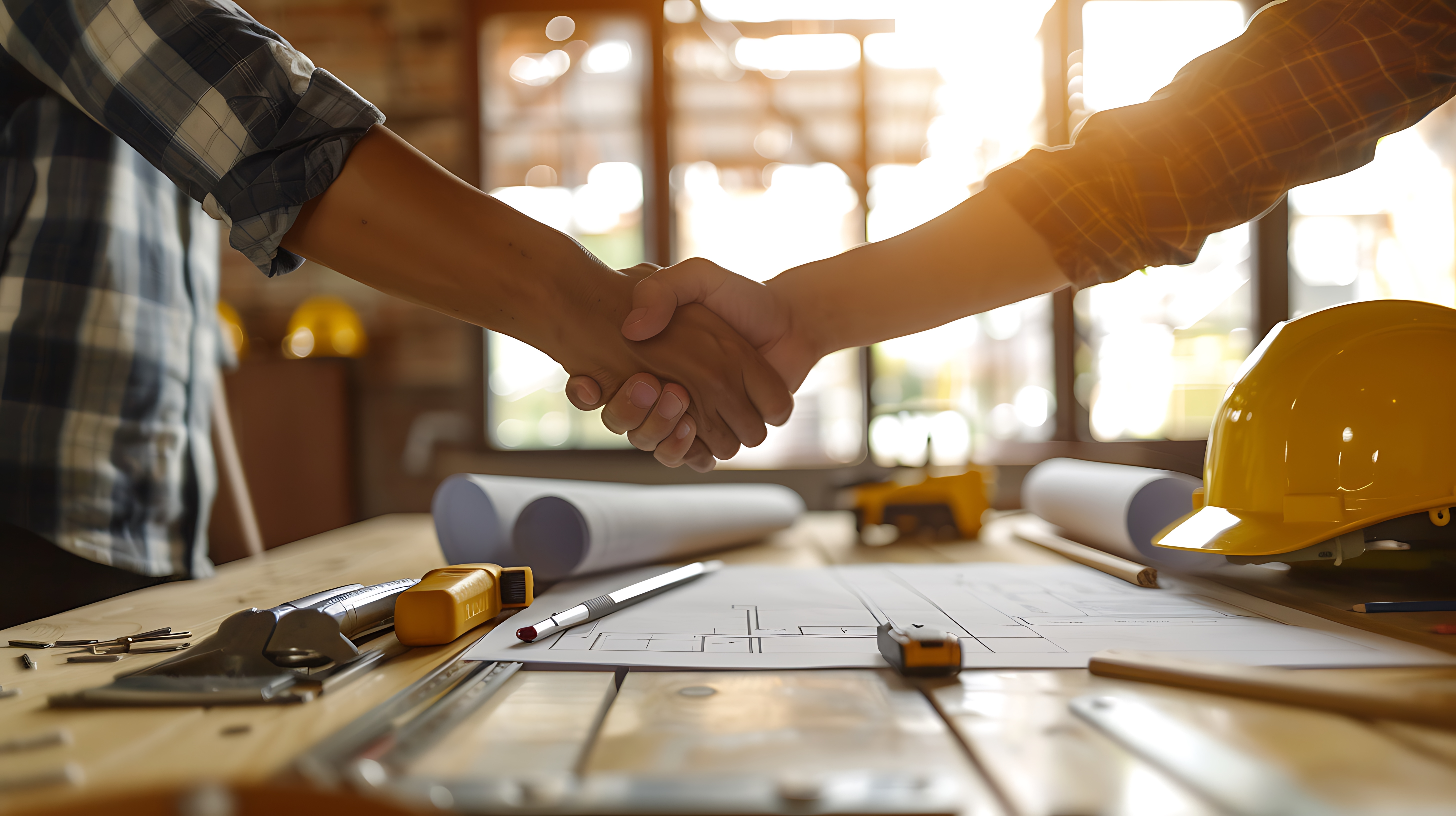 Construction project agreement shown by a handshake above blueprints and tools. Construction project agreement shown by a handshake above blueprints and tools.