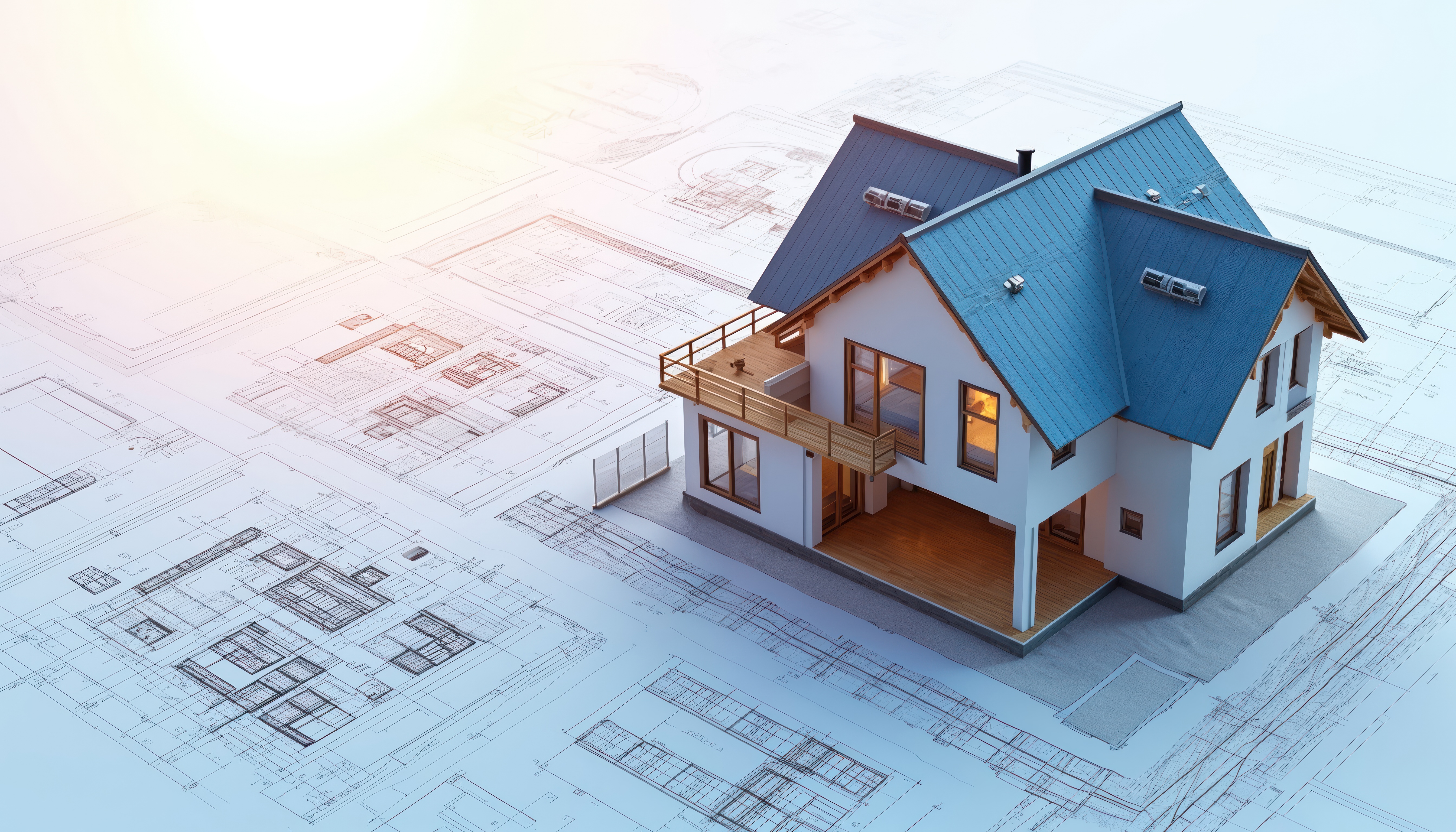 3D house model placed over architectural blueprints representing home construction planning.