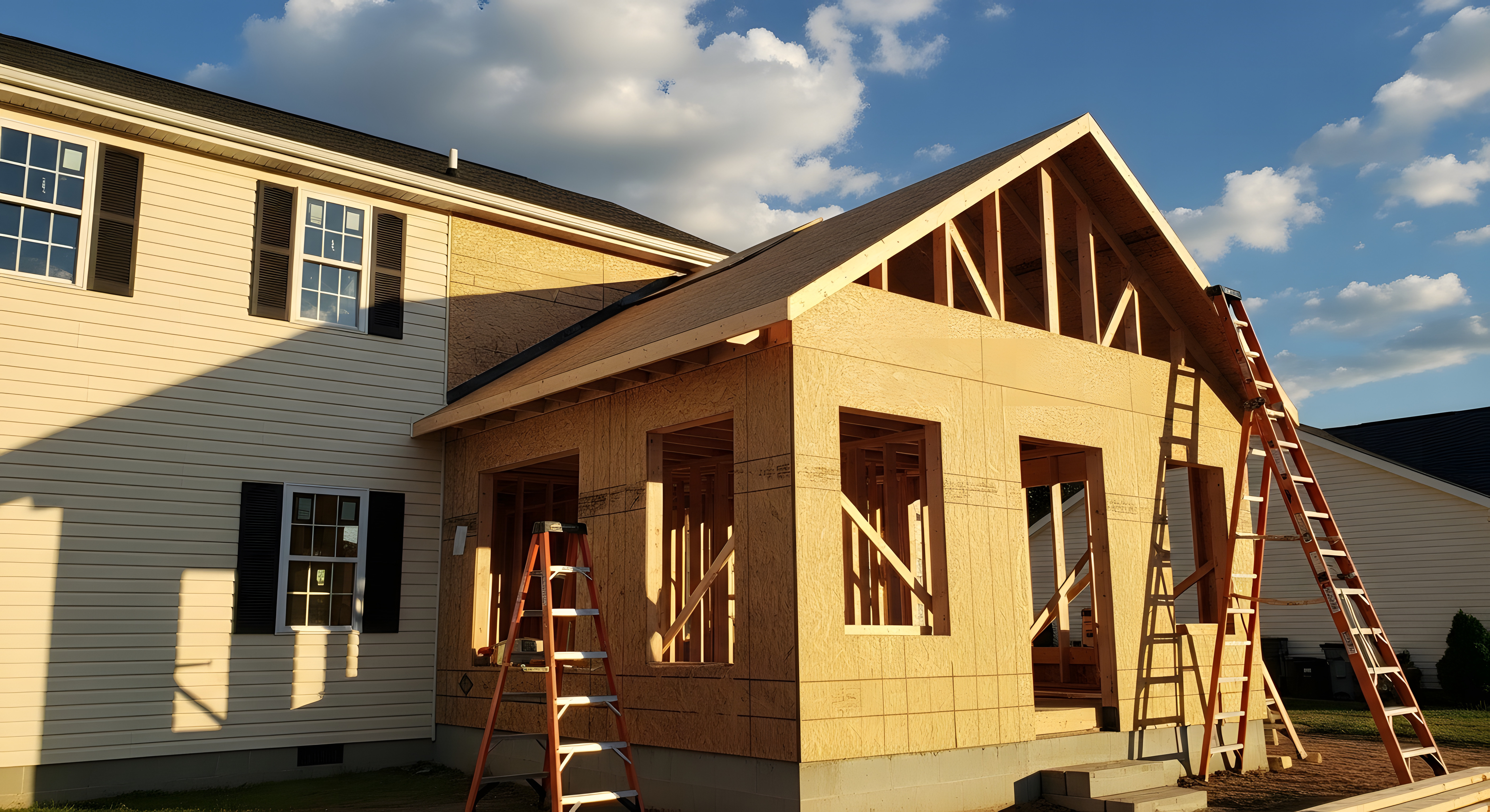 General contracting project featuring a house addition being built onto an existing home. General contracting project featuring a house addition being built onto an existing home.