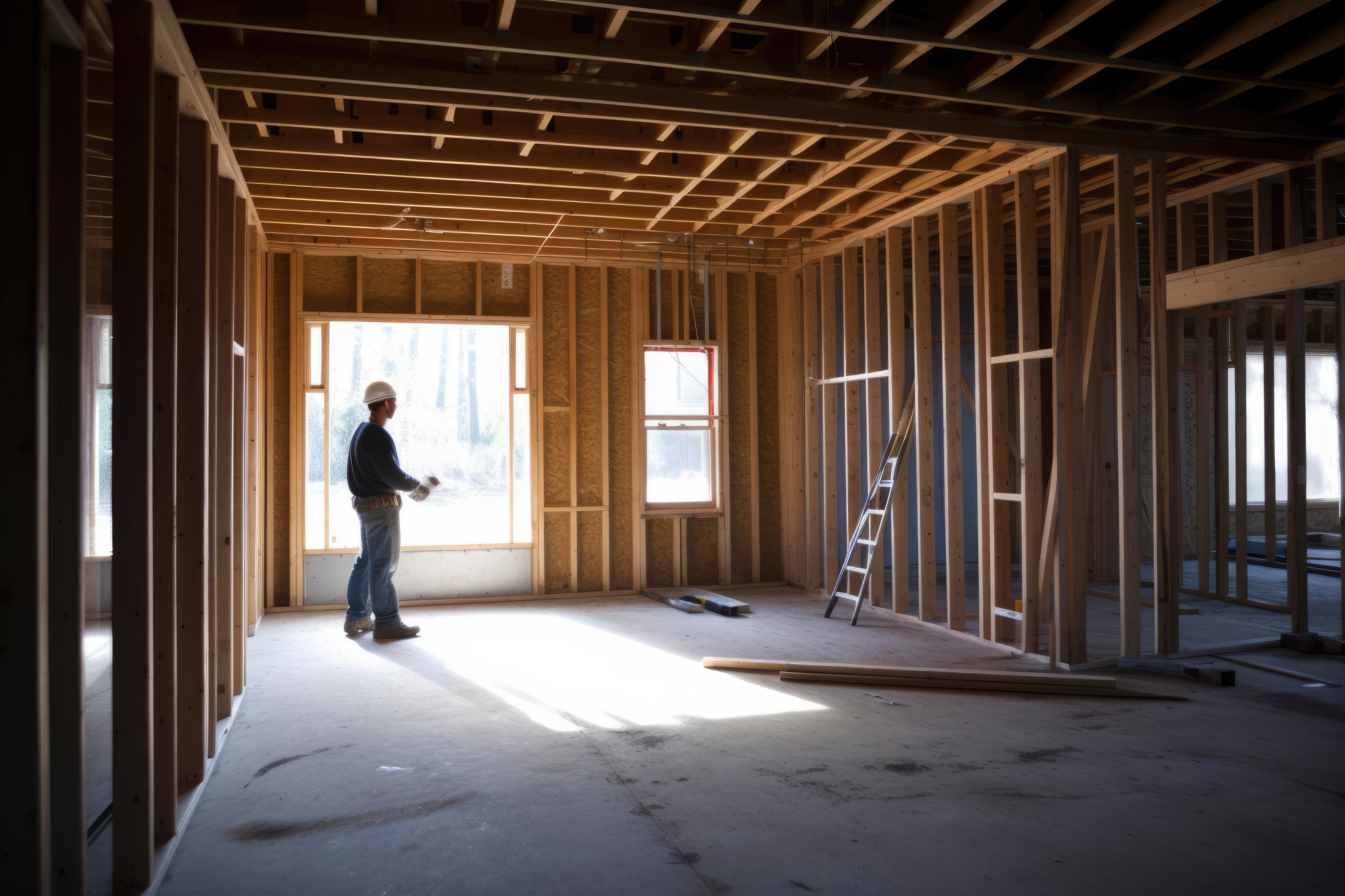 Interior of a home under construction with exposed wood framing and a contractor inspecting the space. Interior of a home under construction with exposed wood framing and a contractor inspecting the space.
