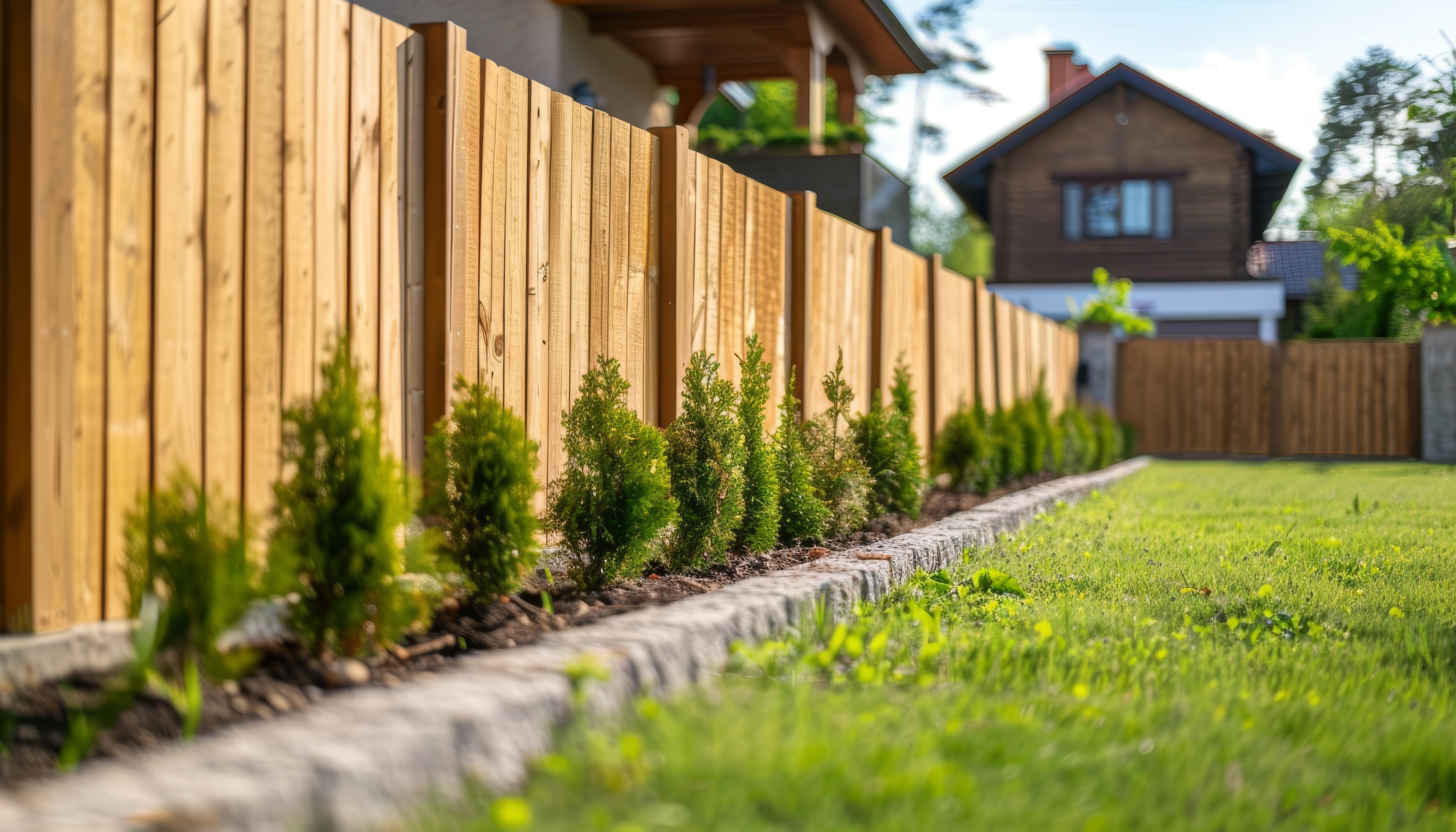 Residential wooden fence installation with landscaped shrubs along a backyard property line.