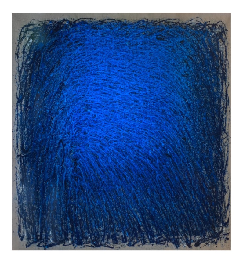 „O.T. (Blau)“ von Sadik Uslu – tiefblaues, gestisches Öl-Gemäldean heller Wand; Boho-Int