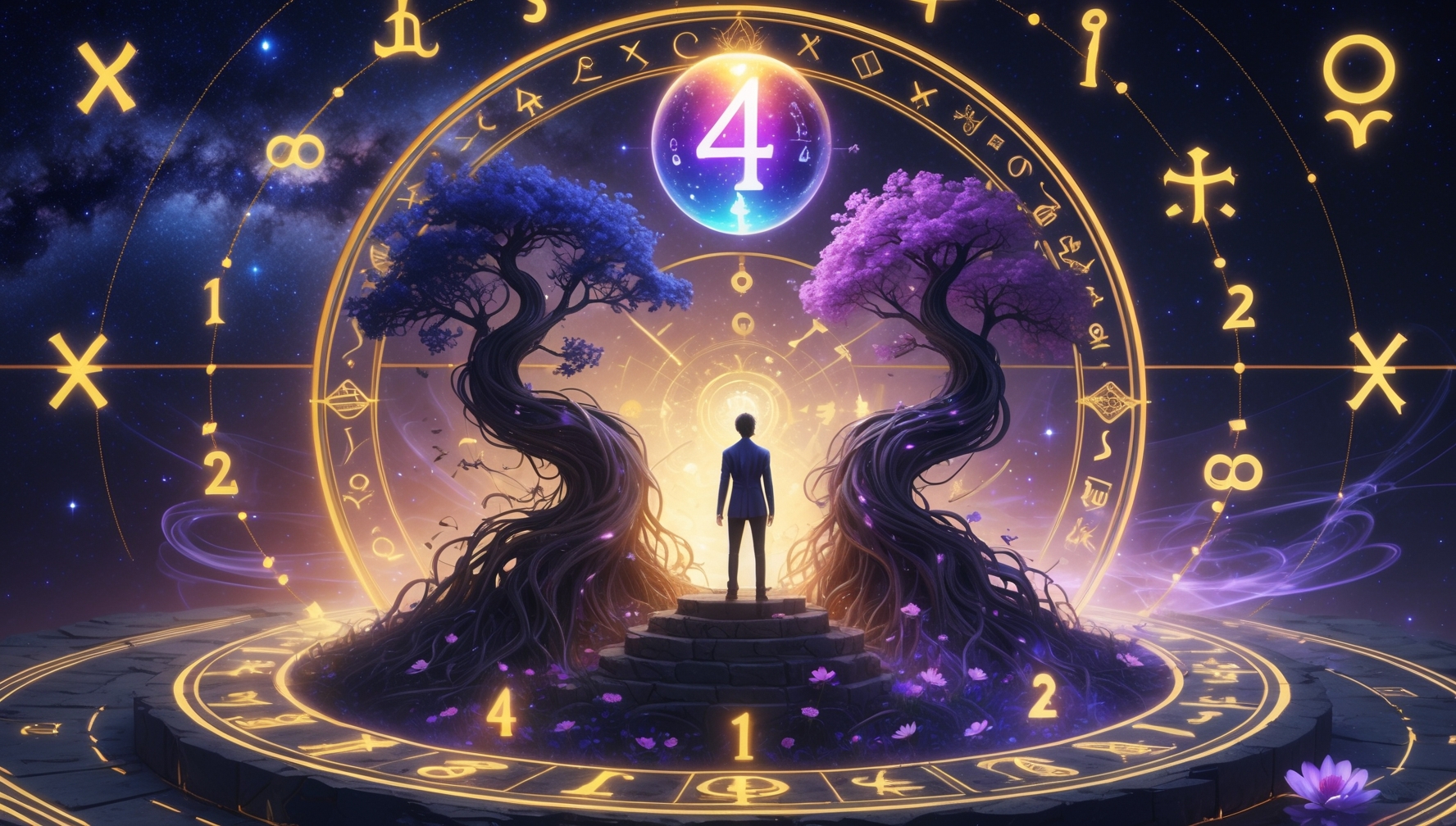 A highly detailed 3D digital fantasy illustration depicting the dual nature of the hereditary number (numărul ereditar) — its hidden challenges and secret gifts. A person stands at the center of a sacred geometric circle split into two opposing energies: one half dark, shadowy, filled with tangled roots, numbers carved in stone, and ancestral burdens; the other half luminous, with radiant golden symbols, floating glowing numbers, and blooming light-infused flowers.  Above the person’s head floats a glowing orb containing the number 4 (or any other meaningful number), radiating with indigo, cosmic gold, and purple energy. Behind the figure, two symbolic silhouettes — one made of shadows, one made of light — mirror each other, representing inherited trauma versus spiritual gifts.  The background blends a mystical galaxy with ancient glyphs, swirling lines of energy, and transparent zodiac constellations. Everything feels rich in symbolism and depth. Use thick, bold 3D lines, strong contrast, and ethereal golden highlights. No text. A highly detailed 3D digital fantasy illustration depicting the dual nature of the hereditary number (numărul ereditar) — its hidden challenges and secret gifts. A person stands at the center of a sacred geometric circle split into two opposing energies: one half dark, shadowy, filled with tangled roots, numbers carved in stone, and ancestral burdens; the other half luminous, with radiant golden symbols, floating glowing numbers, and blooming light-infused flowers.  Above the person’s head floats a glowing orb containing the number 4 (or any other meaningful number), radiating with indigo, cosmic gold, and purple energy. Behind the figure, two symbolic silhouettes — one made of shadows, one made of light — mirror each other, representing inherited trauma versus spiritual gifts.  The background blends a mystical galaxy with ancient glyphs, swirling lines of energy, and transparent zodiac constellations. Everything feels rich in symbolism and depth. Use thick, bold 3D lines, strong contrast, and ethereal golden highlights. No text.