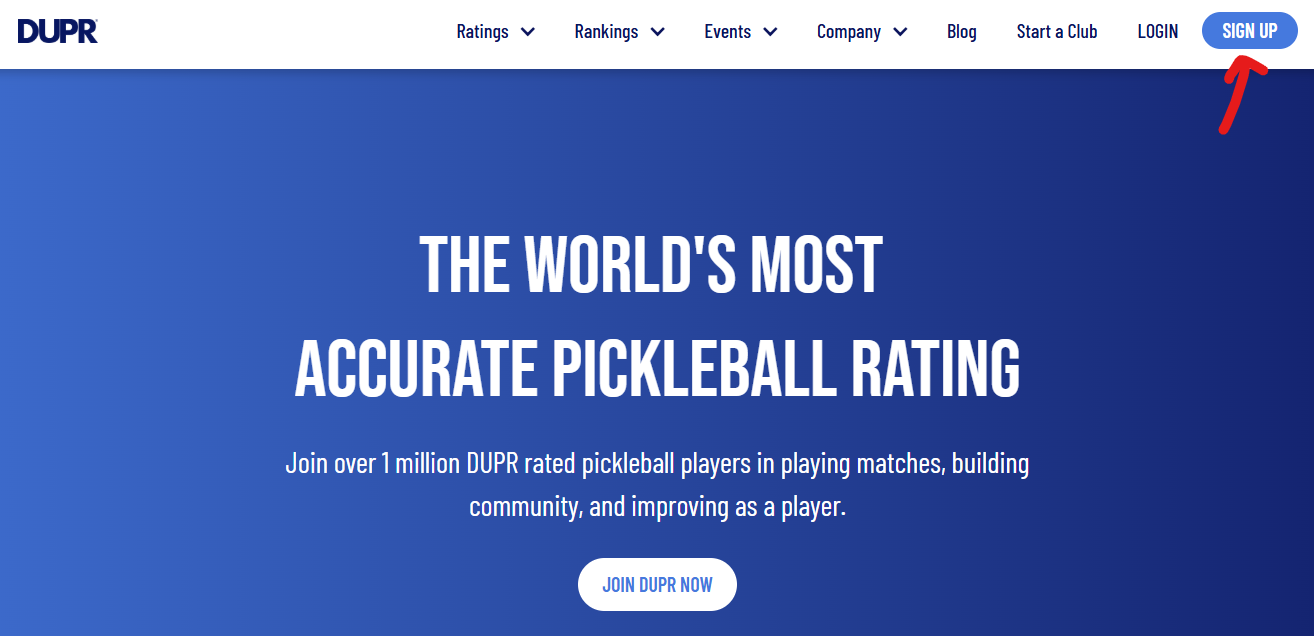 screenshot of the dupr website with arrow pointing to sign up button