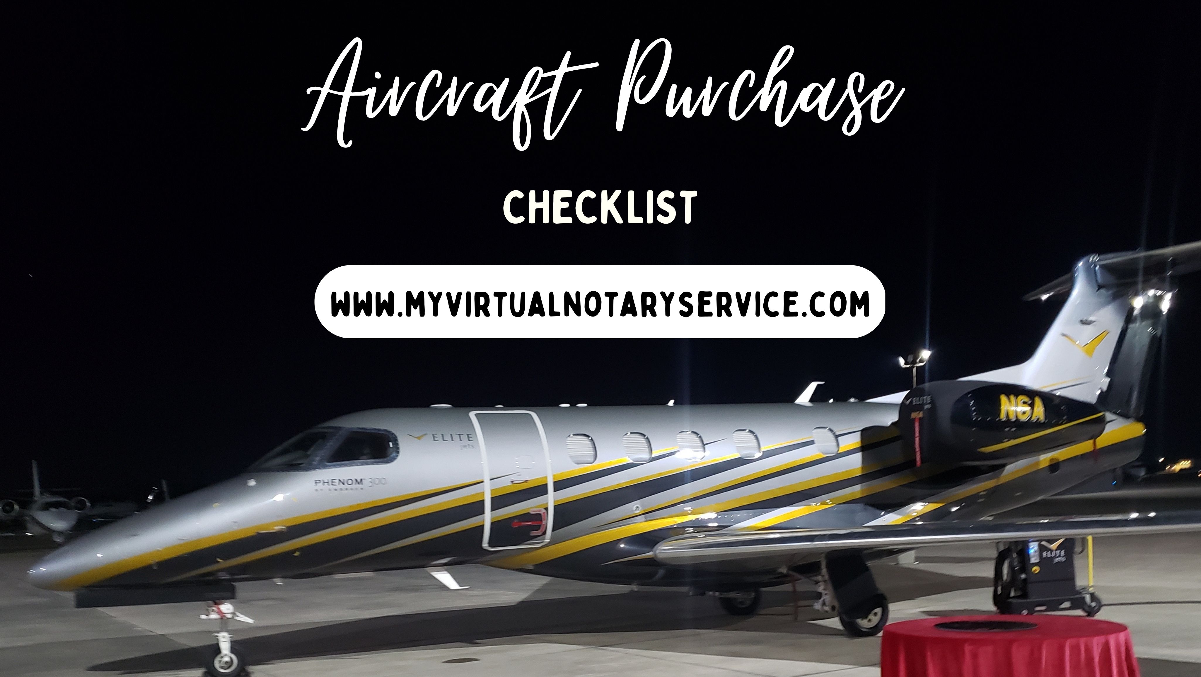 Jet, airplane hanger with the words Aircraft Purchase Checklist