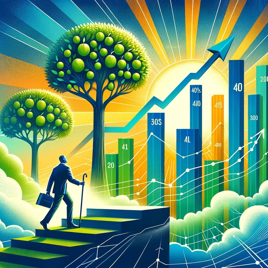 Figure stepping up an ascending staircase beside a flourishing tree and upward financial graph, representing the growth potential of a Fixed Indexed Annuity