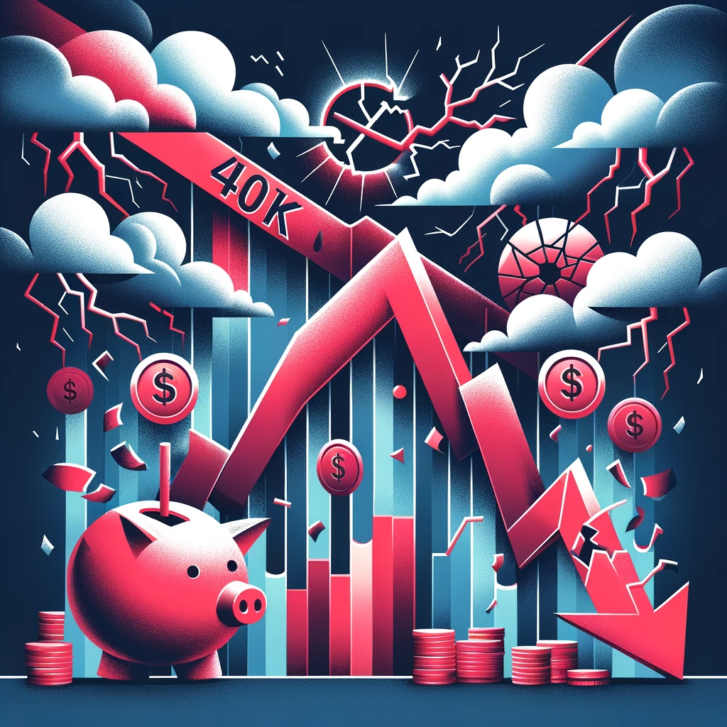 Visual of a declining stock graph in red, with storm clouds and a cracked piggy bank, highlighting the risks and potential losses in 401(k) investments