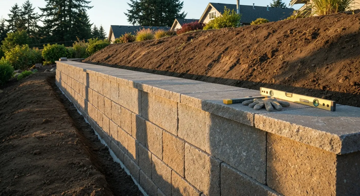 Stone retaining wall installed on Bainbridge Island property