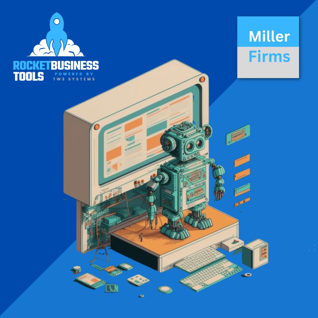 Rocket Business Tools Robot standing on Computer doing Business Marketing on Autopilot