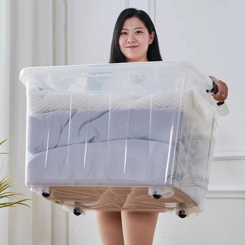 Woman holding clear storage tote Woman holding clear storage tote