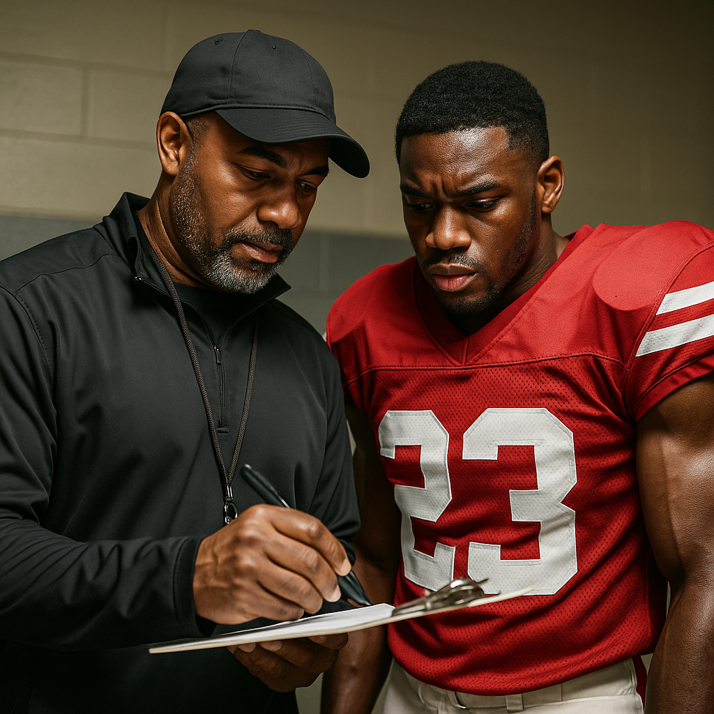 a coach reviewing a player's performance a coach reviewing a player's performance