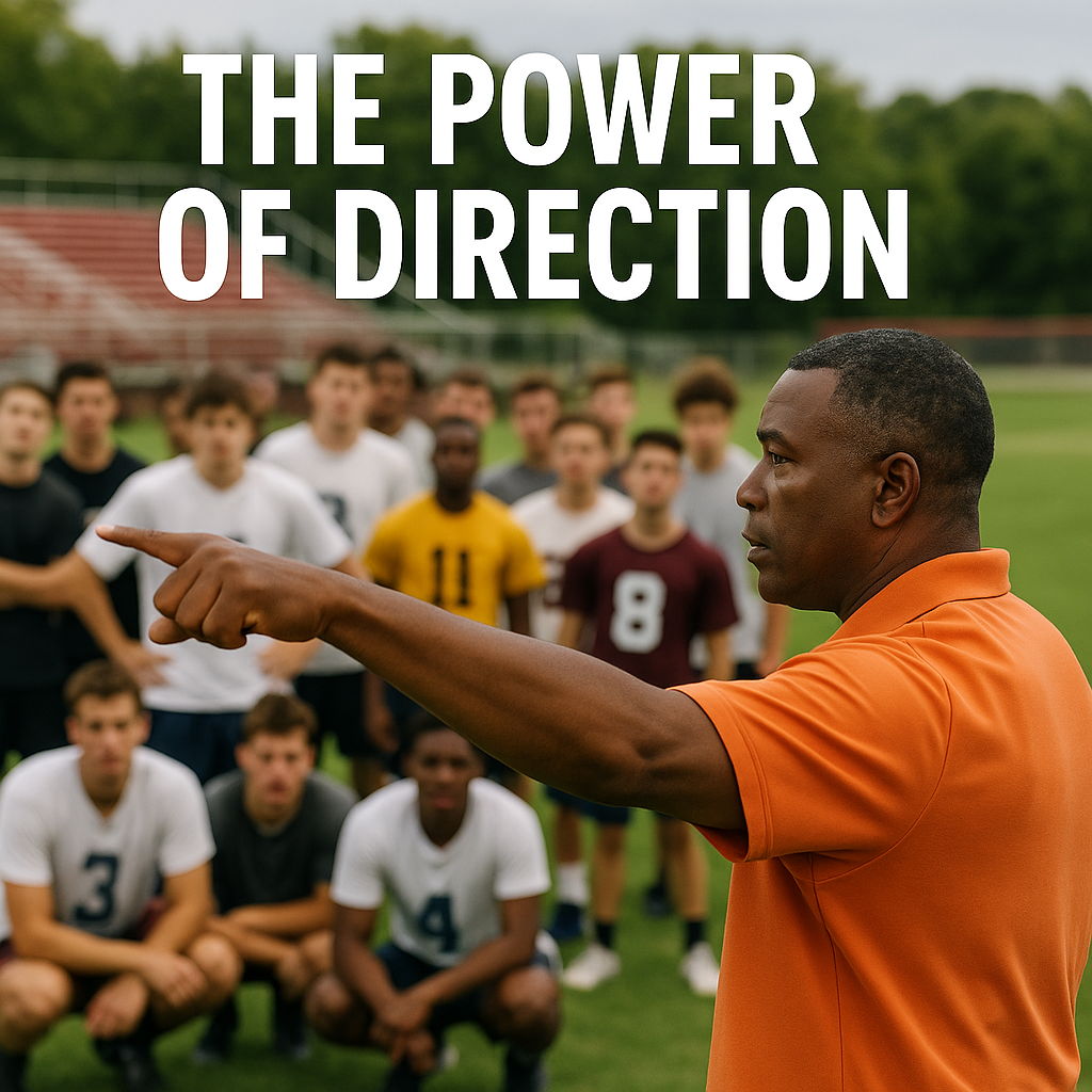 The power of direction by a coach in a huddle. The power of direction by a coach in a huddle.