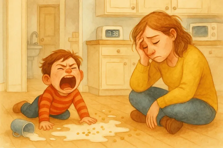 Illustration of a child having a tantrum and a stressed mother