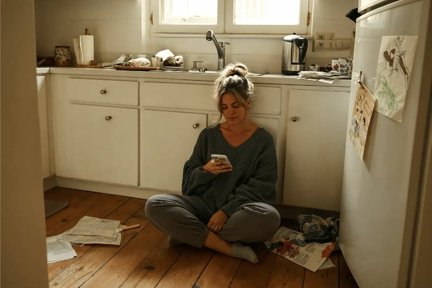 A mother feeling overwhelmed, sitting on her kitchen floor