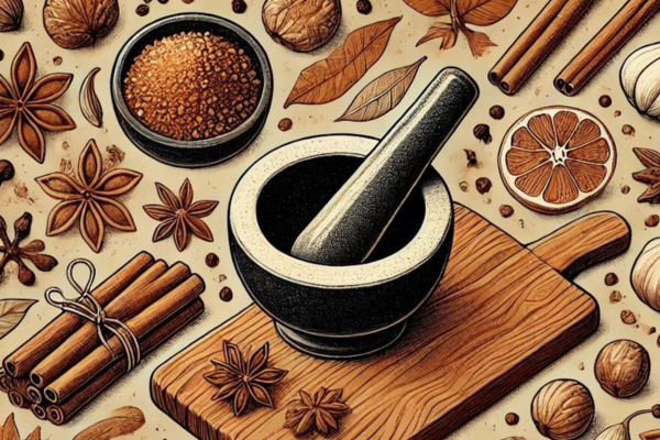 A top-down view of various spices and ingredients associated with a pumpkin pie spice recipe. In the center, there is a black mortar and pestle placed on a wooden cutting board, surrounded by star anise, cinnamon sticks, dried orange slices, cloves, whole nuts, garlic, and a small bowl of brown sugar or spice mix. The earthy tones and detailed illustration evoke a sense of warmth, highlighting the essential ingredients used in creating a homemade pumpkin pie spice blend. A top-down view of various spices and ingredients associated with a pumpkin pie spice recipe. In the center, there is a black mortar and pestle placed on a wooden cutting board, surrounded by star anise, cinnamon sticks, dried orange slices, cloves, whole nuts, garlic, and a small bowl of brown sugar or spice mix. The earthy tones and detailed illustration evoke a sense of warmth, highlighting the essential ingredients used in creating a homemade pumpkin pie spice blend.