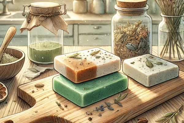 A beautifully detailed illustration of handmade shampoo bars resting on a wooden cutting board in a bright, earthy kitchen. The bars have rich, natural colors with embedded herbs and textures, evoking a sense of organic craftsmanship. The surrounding kitchen is decorated with glass jars filled with dried botanicals, a bowl of natural ingredients, and a warm, rustic aesthetic. Sunlight filters through the scene, enhancing the soft, natural ambiance A beautifully detailed illustration of handmade shampoo bars resting on a wooden cutting board in a bright, earthy kitchen. The bars have rich, natural colors with embedded herbs and textures, evoking a sense of organic craftsmanship. The surrounding kitchen is decorated with glass jars filled with dried botanicals, a bowl of natural ingredients, and a warm, rustic aesthetic. Sunlight filters through the scene, enhancing the soft, natural ambiance