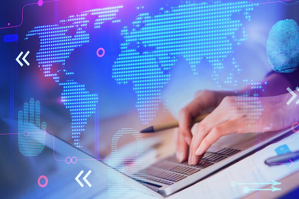 Close up of hands using laptop with a digital business interface