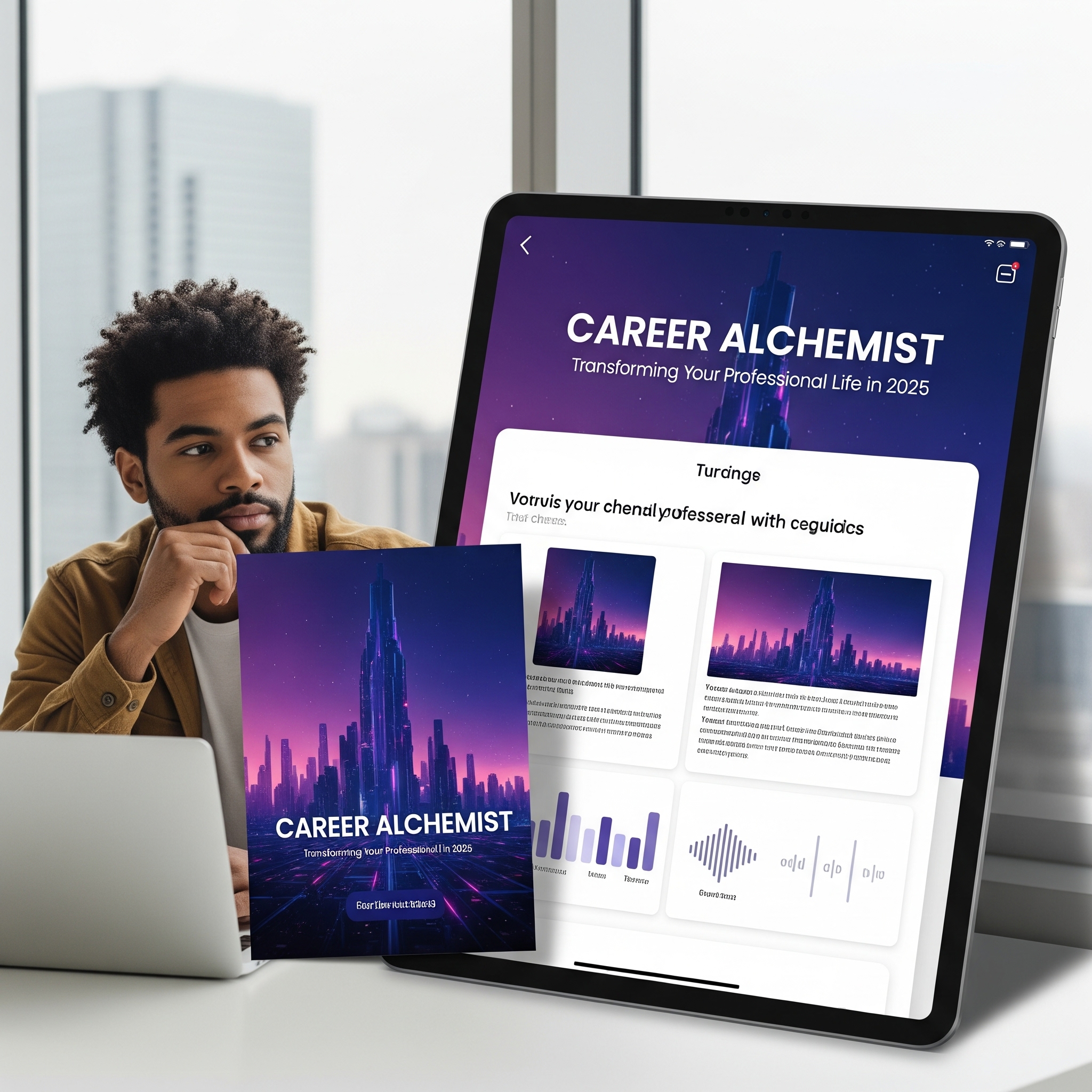 Picture of African male facing a laptop, and observing a digital screen containing the words The Career Alchemist: Transforming Your Professional Life in 2025 Picture of African male facing a laptop, and observing a digital screen containing the words The Career Alchemist: Transforming Your Professional Life in 2025